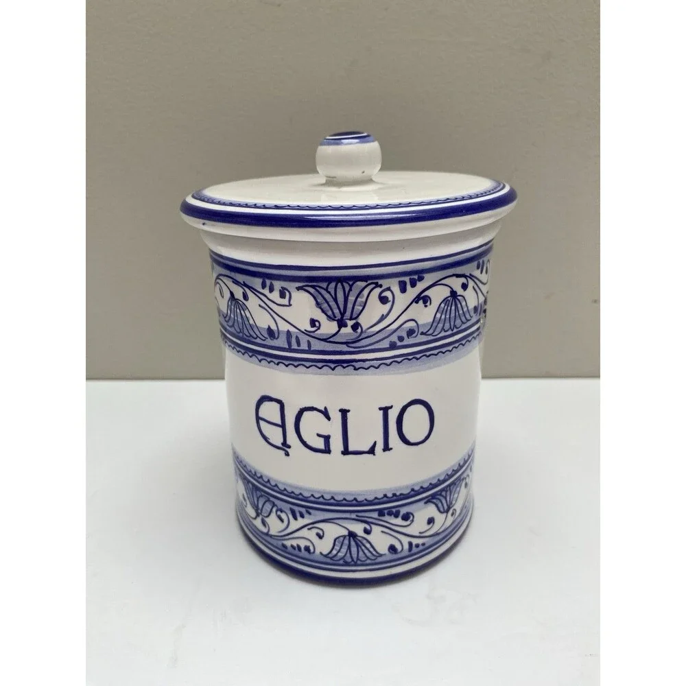 Italian Pottery Ceramic Garlic Keeper Lidded Cannister Jar BLUE & WHITE Italy